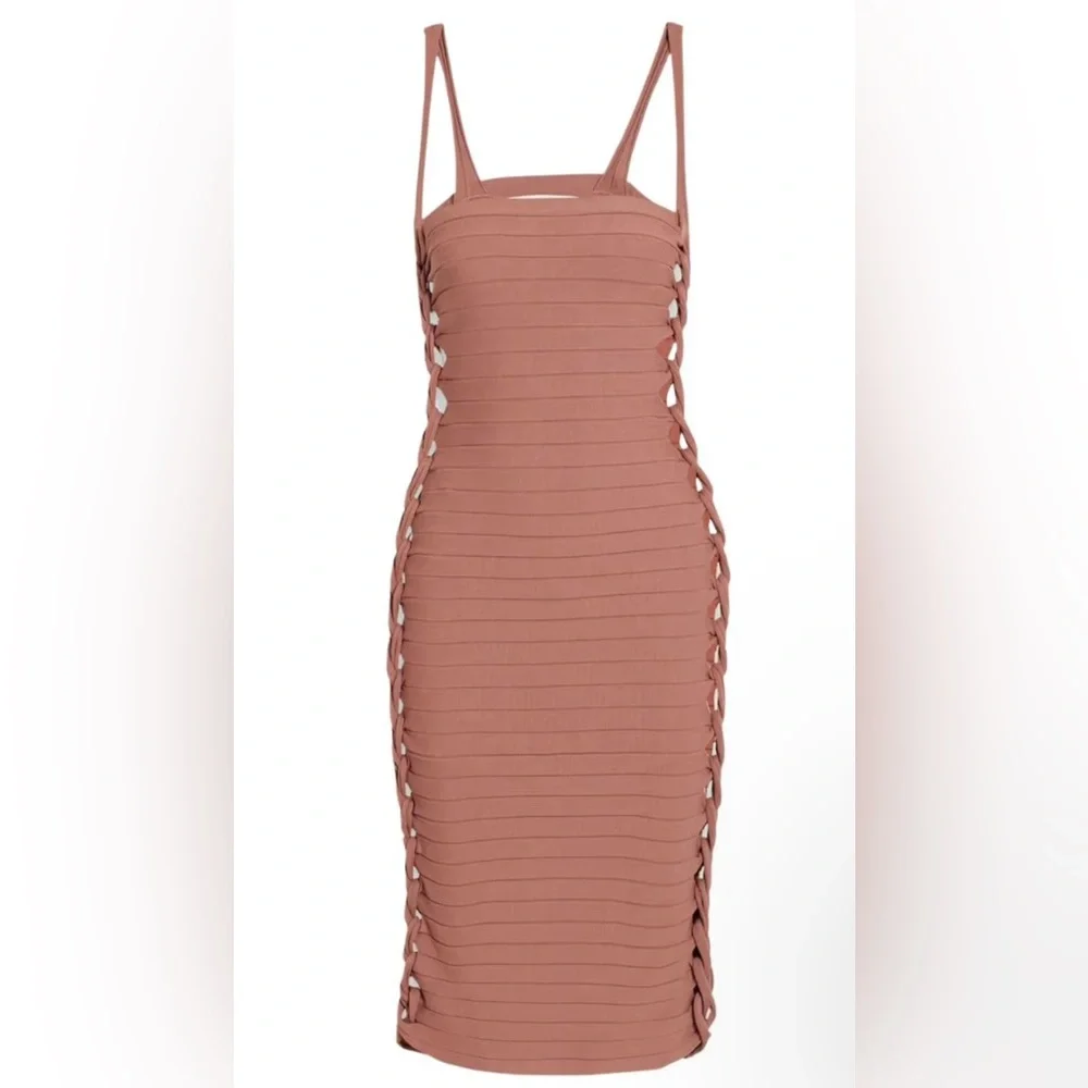 DION LEE Knit Mirror Braid Strap MIDI Dress in Soft Brick - Picture 2 of 6